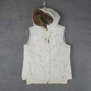American Eagle Y2K Puffer Vest Faux Fur Hood Cream White Zip Snap Jacket Women M